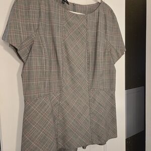 Lafayette 148 New York Gray Plaid Short-Sleeve Peplum Top with Pink Accents